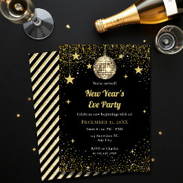 Gold and Black Stars Confetti New Year's Eve Party 招待状