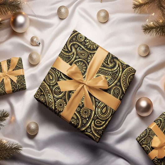 Gold and black tone paisley pattern ラッピングペーパー