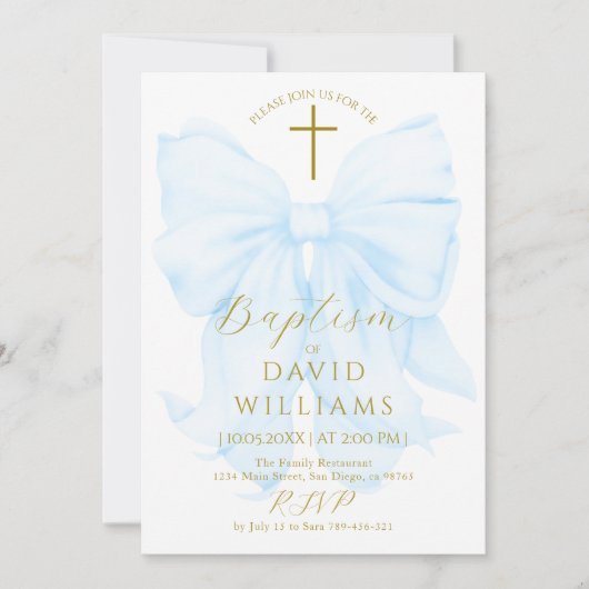 Gold and Blue Bow Boy Baptism Elegant Digital 招待状 (正面)