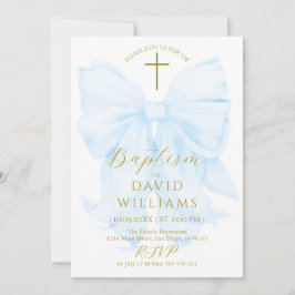 Gold and Blue Bow Boy Baptism Elegant Digital 招待状