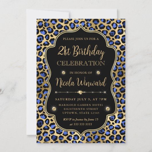 Gold and Blue Leopard Print Birthday Party 招待状 (正面)