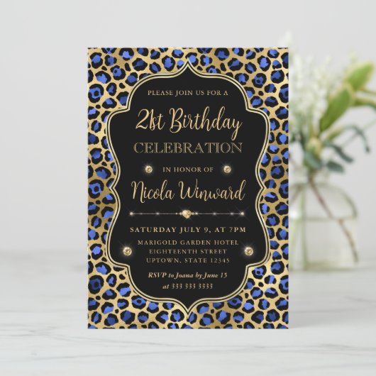 Gold and Blue Leopard Print Birthday Party 招待状 (スタンド正面)