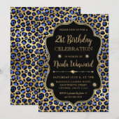 Gold and Blue Leopard Print Birthday Party 招待状 (正面/裏面)