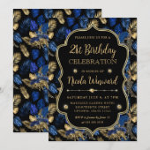 Gold and Blue Leopard Print Birthday Party 招待状 (正面/裏面)