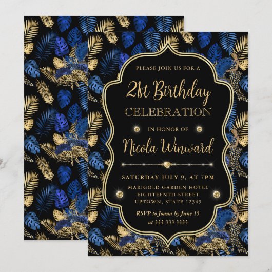 Gold and Blue Leopard Print Birthday Party 招待状 (正面/裏面)