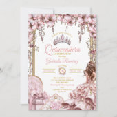 Gold and Blush Pink Tiara Floral Quinceañera 招待状 (正面)