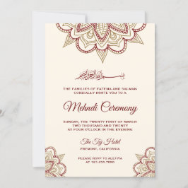 Gold and Burgundy Islamic Muslim Mehndi Ceremony 招待状