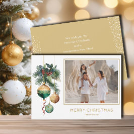 Gold and Green Christmas Ornaments Photo シーズンカード