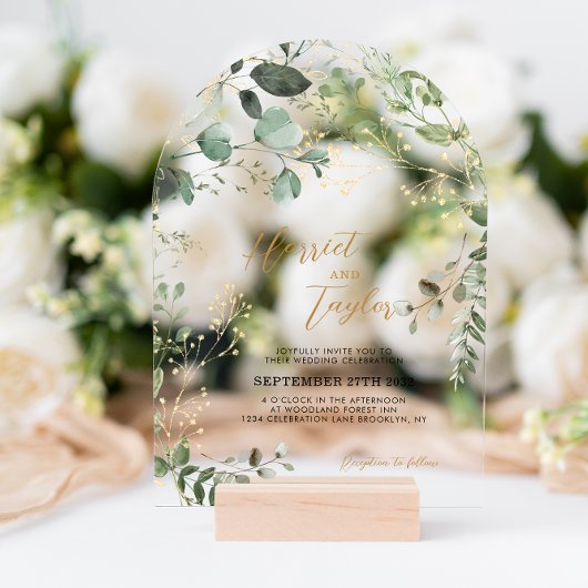 Gold and Greenery Eucalyptus Wedding Arch アクリル招待状