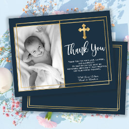 Gold and Navy Blue Baptism Photo Thank You Cards サンキューカード