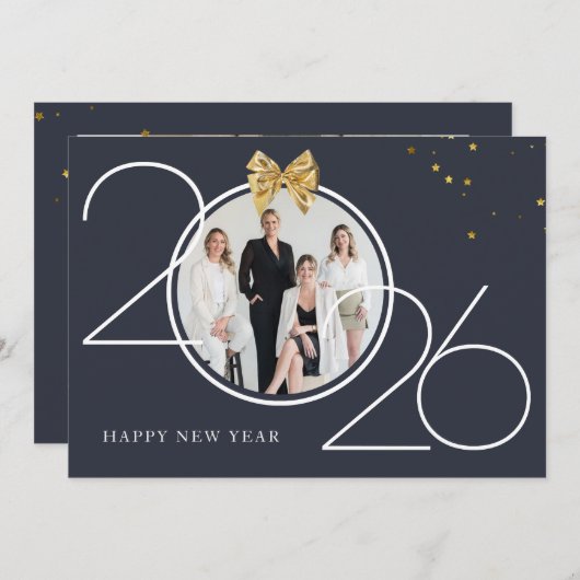 Gold and Navy Photo Happy New Year Greeting Card 招待状 (正面/裏面)