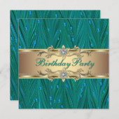 Gold and Peacock Teal Blue Birthday Party 招待状 (正面/裏面)