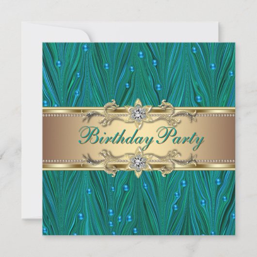Gold and Peacock Teal Blue Birthday Party 招待状 (正面)