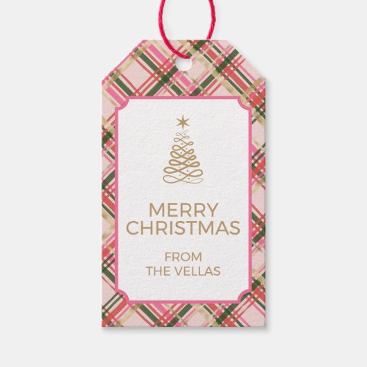 Gold and pink Christmas plaid ギフトタグ (正面)
