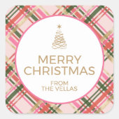 Gold and pink Christmas plaid スクエアシール (正面)