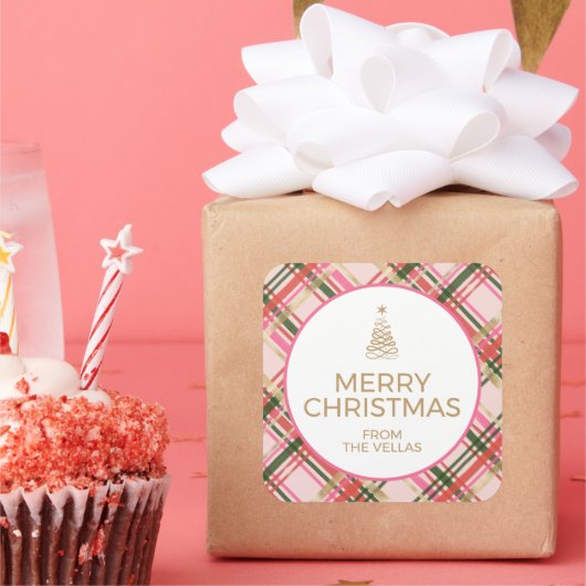 Gold and pink Christmas plaid スクエアシール (パーティー)