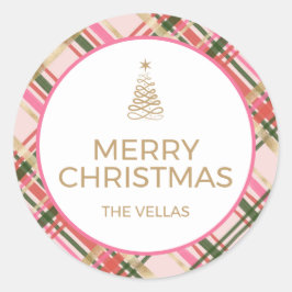 Gold and pink Christmas plaid ラウンドシール