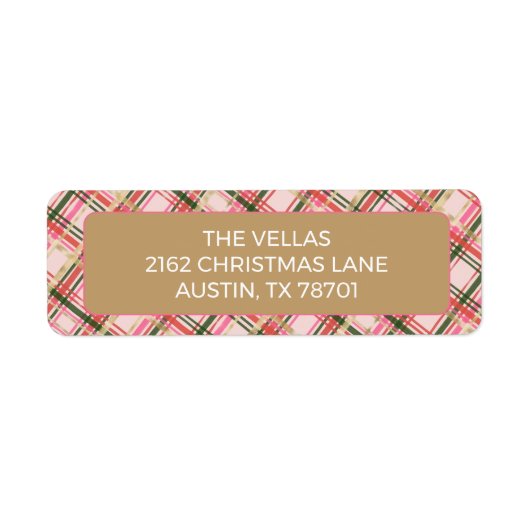 Gold and pink Christmas plaid return address ラベル (正面)