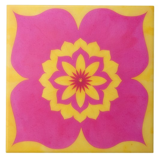 Gold and Pink Floral Art Decorative Tile タイル (正面)