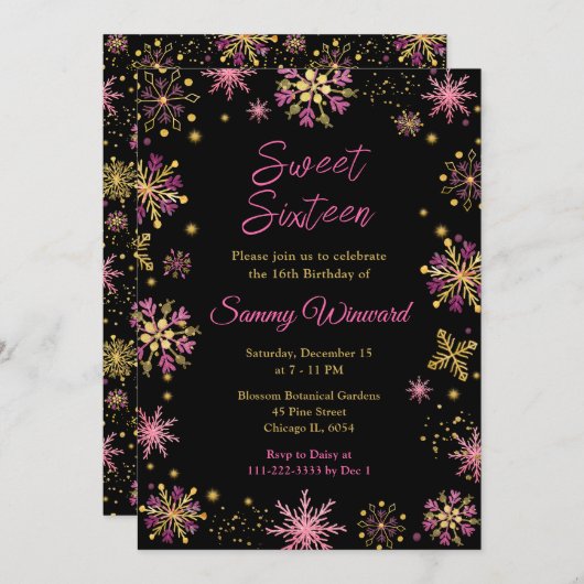 Gold and Pink Snowflakes Sweet Sixteen 招待状 (正面/裏面)