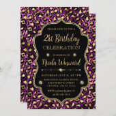 Gold and Purple Leopard Print Birthday Party 招待状 (正面/裏面)
