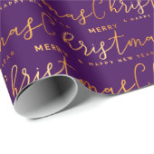 Gold and Purple Merry Christmas Word Art ラッピングペーパー (ロールコーナー)