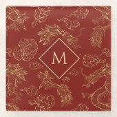 Gold and red Chinese Dragon Pattern ガラスコースター (正面)