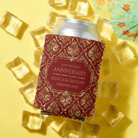 Gold and Red Damask 50th Wedding Anniversary 缶クーラー (インサイチュ 夏)