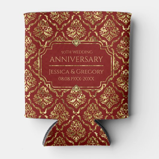 Gold and Red Damask 50th Wedding Anniversary 缶クーラー (正面)