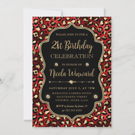 Gold and Red Leopard Print Birthday Party 招待状 (正面)