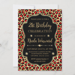 Gold and Red Leopard Print Birthday Party 招待状