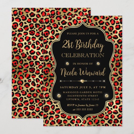 Gold and Red Leopard Print Birthday Party 招待状 (正面/裏面)