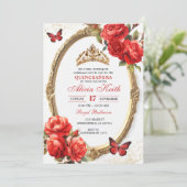 Gold and Red Roses Gold Quinceanera Invitation 招待状 (スタンド正面)