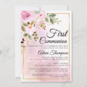 Gold and Rose Marble Pink First Communion 招待状 (正面)