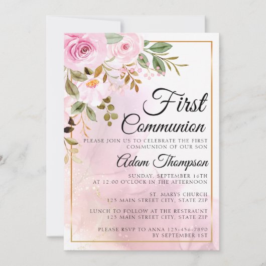 Gold and Rose Marble Pink First Communion 招待状 (正面)