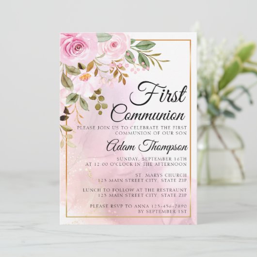 Gold and Rose Marble Pink First Communion 招待状 (スタンド正面)