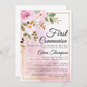 Gold and Rose Marble Pink First Communion 招待状 (正面/裏面)