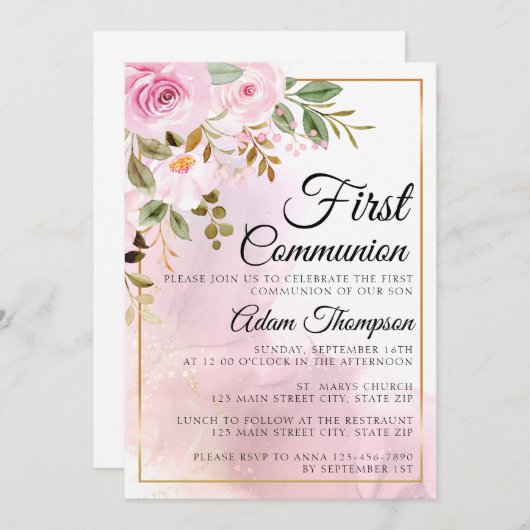 Gold and Rose Marble Pink First Communion 招待状 (正面/裏面)