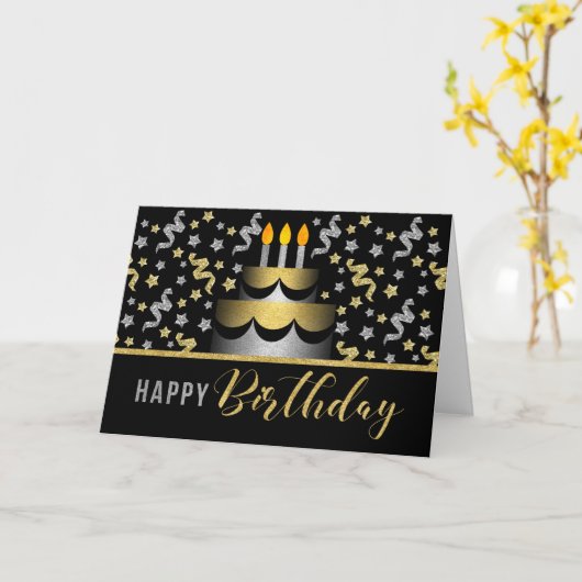 Gold and Silver Faux Glitter on Black with Cake カード (黄色い花)