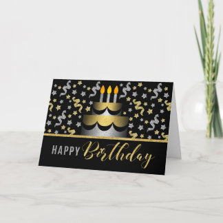 Gold and Silver Faux Glitter on Black with Cake カード