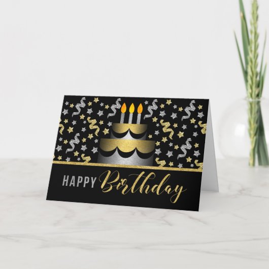 Gold and Silver Faux Glitter on Black with Cake カード (正面)