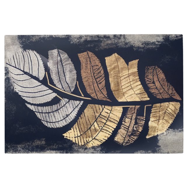 Gold and Silver Metallic Leaves Elegant Botanical  メタルプリント (正面)