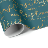 Gold and Teal Merry Christmas Word Art ラッピングペーパー (ロールコーナー)