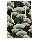 Gold and Teal Patterned Japanese-inspire Fan Motif ミディアムペーパーバッグ (正面)
