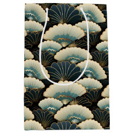 Gold and Teal Patterned Japanese-inspire Fan Motif ミディアムペーパーバッグ