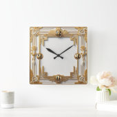 Gold and White Art Deco スクエア壁時計 (ホーム)