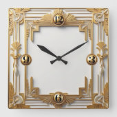 Gold and White Art Deco スクエア壁時計 (正面)