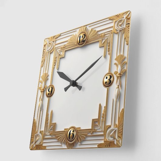 Gold and White Art Deco スクエア壁時計 (傾斜)