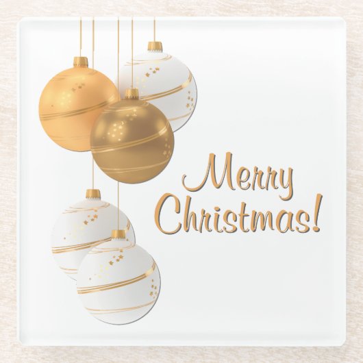 Gold and White Christmas Balls Custom Text ガラスコースター (正面)