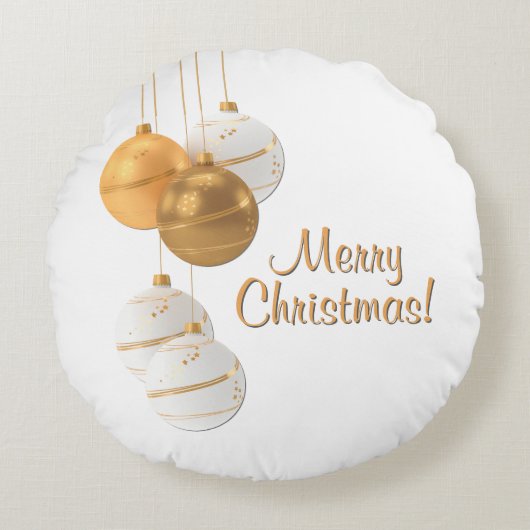 Gold and White Christmas Balls Custom Text ラウンドクッション (正面)